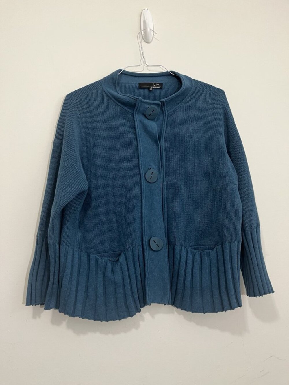 Liv By Habitat Rib & Roll Swing Cardigan Teal Waffle Knit Size M Artsy Oversized